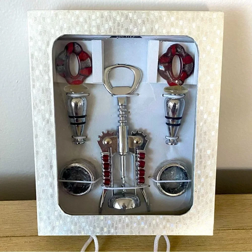 NWT New Wild Eye Designs Red & Silver 5 Piece Wine Gift Set. Holidays Christmas